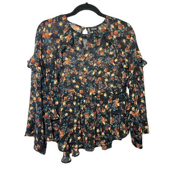 A.N.A. semi sheer floral ruffled top XS autumn colors boho micro print - Picture 1 of 7